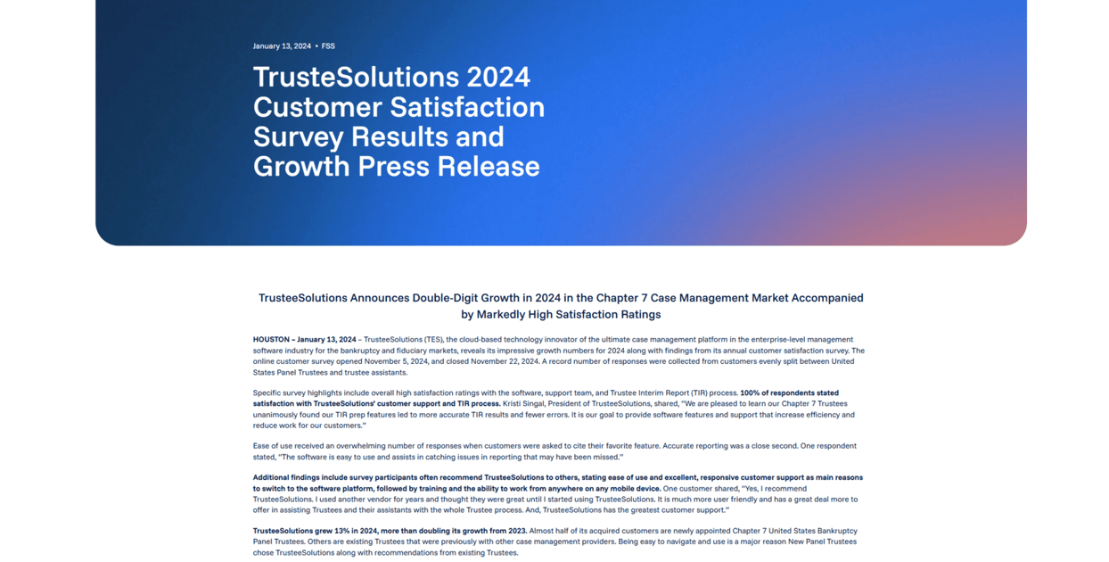 TrusteSolutions 2024 Customer Satisfaction Survey Results and Growth Press Release
