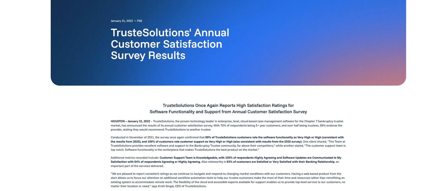 TrusteSolutions' Annual Customer Satisfaction Survey Results