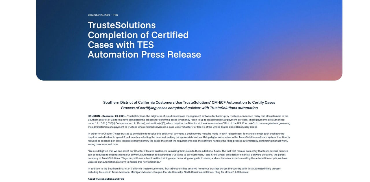TrusteSolutions Completion of Certified Cases with TES Automation Press Release